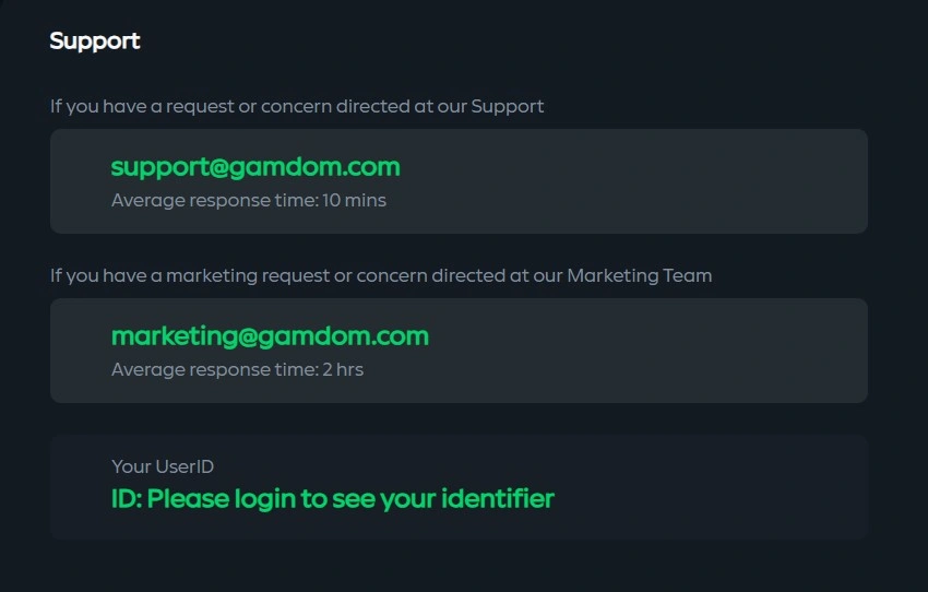 Gamdom Casino customer support contact page