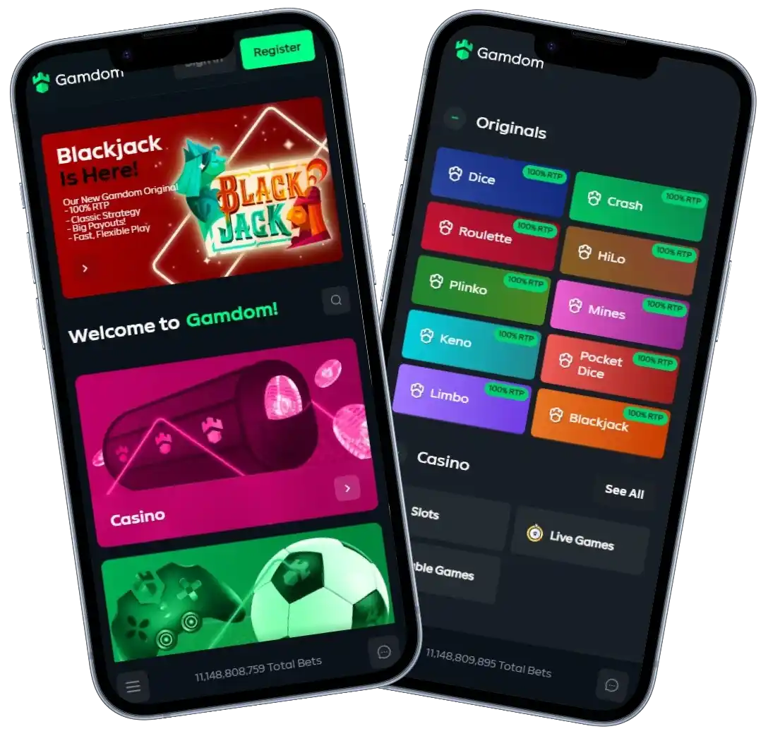 Gamdom Casino mobile app gameplay screens